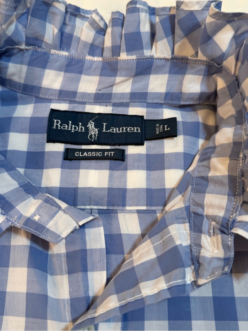 Upcycled Men’s Ralph Lauren Blue and White Gingham Ruffle-Collar Button-Down - Picture 6 of 7